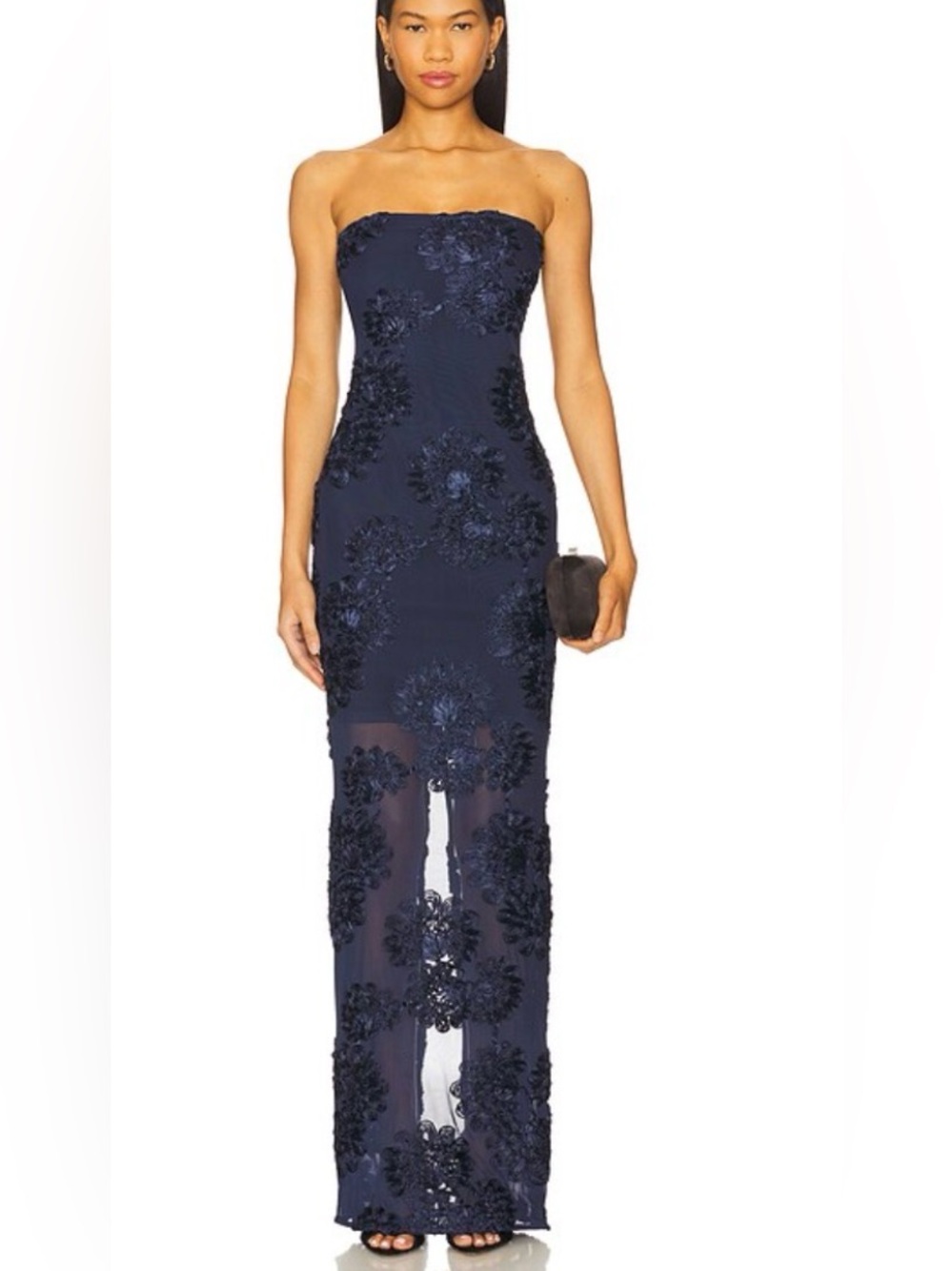 Strapless Navy Floral Appliqué Evening Dress